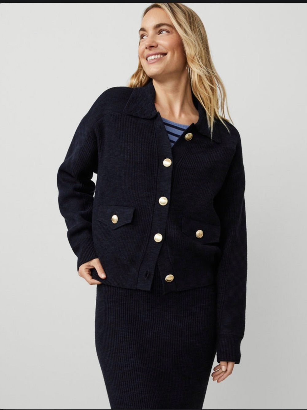 Ann Taylor Navy Knit Button-Front Jacket with Gold Buttons